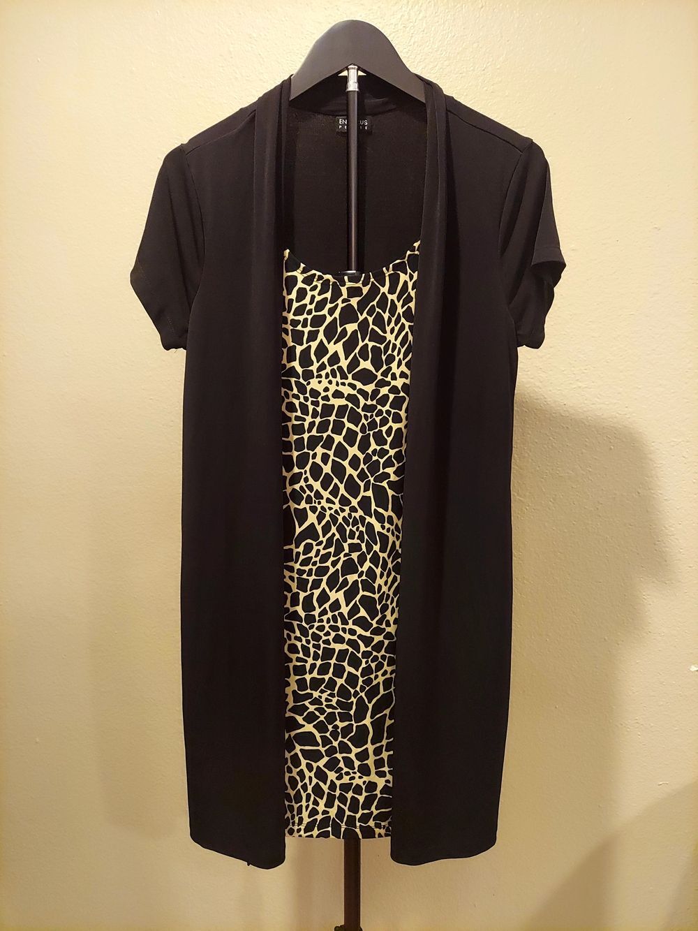 Black Open Front Cardigan with Cream & Black Animal Print Dress